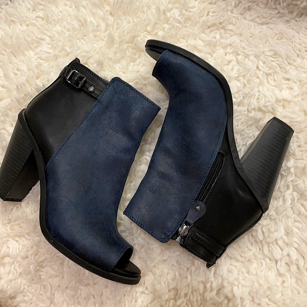 Block distressed leather peep toe ankle booties